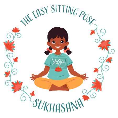 Jeune fille faisant du yoga Lotus pose facile Sukhasana. Concept de fitness. Illustration vectorielle plate sur blanc