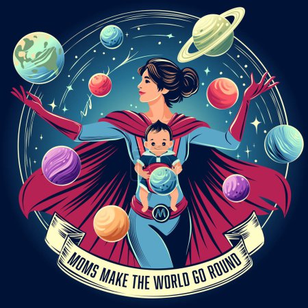 Happy Mothers Day greeting card with mother in superhero cape holding a baby, surrounded by planets. Vector flat illustration