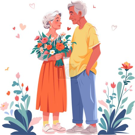 Alter Mann übergibt Blumenstrauß an süße alte Dame. Liebe und Date. Vektorflache Illustration