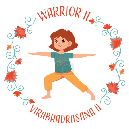 Kid girl doing yoga Warrior 2 or Virabhadrasana II. Fitness concept. Flat vector illustration