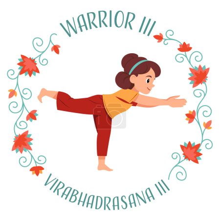 Mädchen beim Yoga Krieger 3 oder Virabhadrasana III. Fitness-Konzept. Flache Vektorabbildung