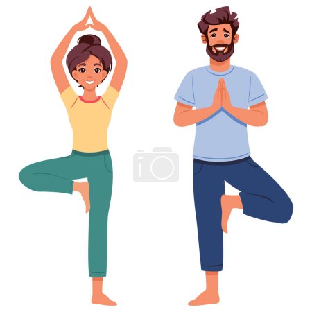 Junge Männer und Frauen beim Yoga-Baum-Posen Vrikshasana. Fitness-Konzept. Flache Vektorabbildung auf Weiß