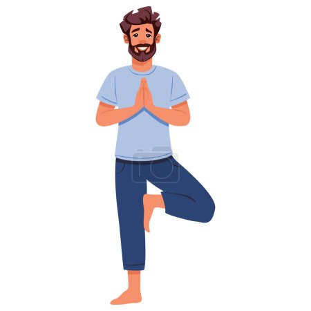 Young man doing yoga tree pose Vrikshasana. Fitness concept. Flat vector illustration on white