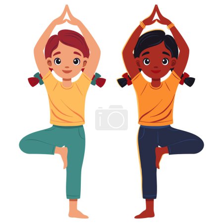 Mädchen beim Yoga Baum Pose Vrikshasana. Fitness-Konzept. Flache Vektorabbildung auf Weiß