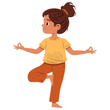 Kid girl doing yoga tree pose Vrikshasana. Fitness concept. Flat vector illustration on white