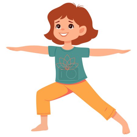 Petite fille faisant du yoga Guerrier 2 ou Virabhadrasana II. Concept de fitness. Illustration vectorielle plate