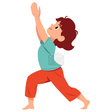 Niña haciendo yoga Guerrero 1 o Virabhadrasana I. Concepto fitness. Ilustración vectorial plana