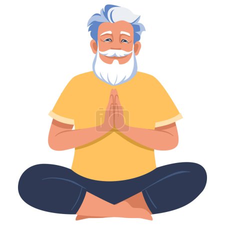 Viejo haciendo yoga Lotus pose fácil Sukhasana. Concepto fitness. Ilustración vectorial plana en blanco
