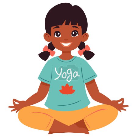 Niña haciendo yoga Lotus pose fácil Sukhasana. Concepto fitness. Ilustración vectorial plana en blanco