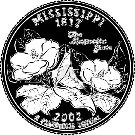 American money, USA Washington dollar quarter Mississippi or 25-cent coin, two magnolias on reverse