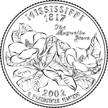 American money, USA Washington dollar quarter Mississippi or 25-cent coin, two magnolias on reverse