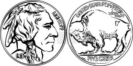 American money, Buffalo nickel 5 Cent Coin, obverse with Indian Head, reverse with American Bison