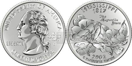 Amerikanisches Geld, USA Washington-Dollar-Viertel Mississippi oder 25-Cent-Münze, zwei Magnolien auf der Rückseite