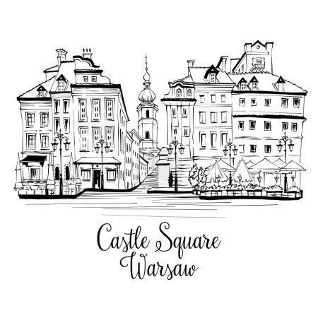 Vector black and white sketch of Castle Square in Warsaw Old town, Poland.