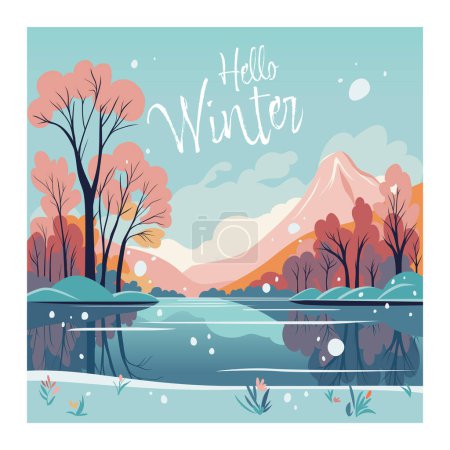 Concept affiche paysage hivernal avec collines enneigées et lac calme. Illustration vectorielle de paysage plat