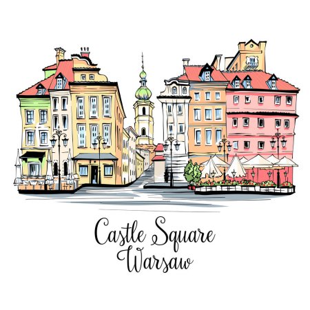 Vector color sketch of Castle Square in Warsaw Old town, Poland.