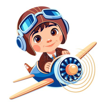 Cartoon kid pilot flying on toy airplane in sky, aviator goggles and happy smiling, isolated vector