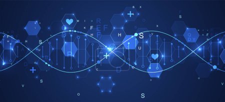 Chaîne ADN fluo éclatante. Biotechnologie, biochimie, science, médecine concept. Modèle de génération génétique.