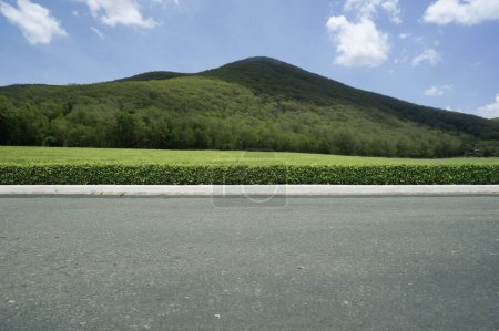 Téléchargez les photos : Vue latérale de la route asphaltée vide et de la montagne nuageuse - en image libre de droit