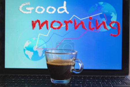 Concept of waking up and good morning wish with cup of coffee