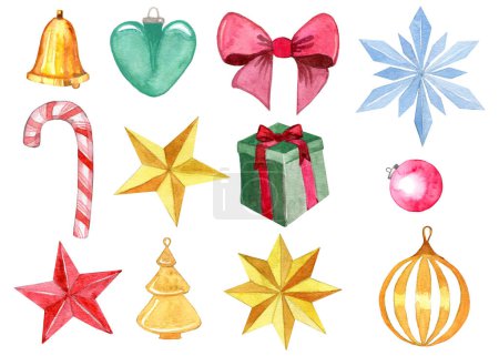Téléchargez les photos : Ensemble de jouets pour décorer l'arbre de Noël isolé sur fond blanc. Aquarelle illustration dessinée à la main - en image libre de droit