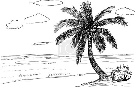 Téléchargez les photos : Plage graphique de la côte maritime avec palmier - en image libre de droit