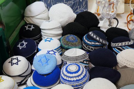 Photo for Kippah Orthodox Jewish head caps at Mahane Yehuda Market (or shuk) in Jerusalem. - Royalty Free Image