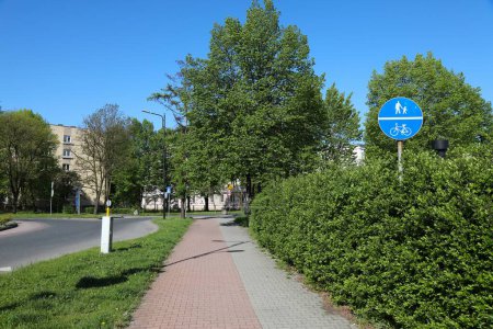 Photo for Shared pedestrian and bicycle path in Gliwice city, Poland. Transportation infrastructure sign. - Royalty Free Image