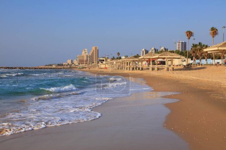 Photo for Sandy beach in Haifa, Israel. Infrastructure of Carmel Beach in Haifa. - Royalty Free Image