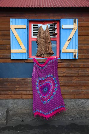Photo for Creole culture colors. Caribbean island colorful fashion and house window in Guadeloupe. - Royalty Free Image