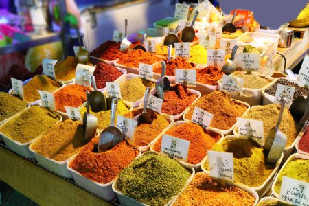 Colorful spices selection at Carmel Market in Tel Aviv, Israel.
