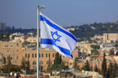 Flag of Israel in Jerusalem. Israeli national colors. t-shirt #655880284