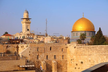 Western Wall (bottom right) and Dome of the Rock in Jerusalem Old City. Landmarks of Israel.