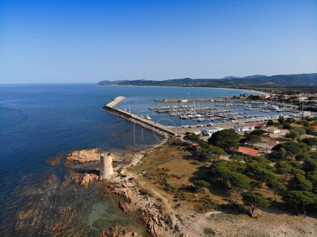 Photo for Sardinia landscape. San Giovanni di Posada town near Siniscola. Coast, defensive tower and harbor - drone point of view. - Royalty Free Image