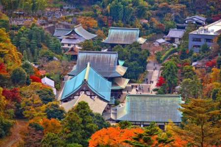Photo for Kamakura, Japan - Zen Buddhist temple of Kencho-ji. Aerial view with fabulous autumn forests. - Royalty Free Image