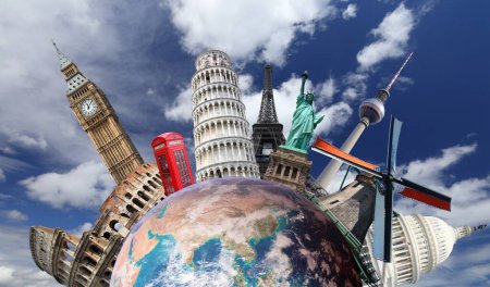 Travel planet. World landmarks and globe. Travel the world concept. Some elements of this image provided by NASA.