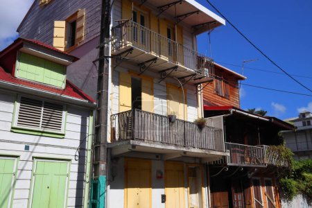 Pointe a Pitre, biggest city of Guadeloupe. Typical local painted colorful wooden architecture.