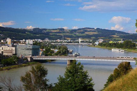 Bridges on Danube river in Linz, Austria. Summer day view.