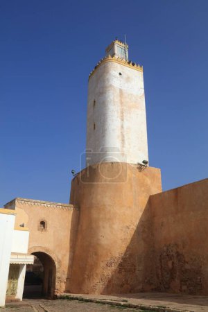 El Jadida town, Morocco. Mosque minaret tower in former Portuguese colony town, listed as UNESCO World Heritage site.