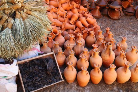 Taroudant street market artisanal products in Morocco. Moroccan handicraft ceramics in the souk.
