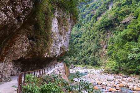 Taroko National Park in Taiwan. Shakadang hiking trail path cut out in rock cliff. Outdoors of Taiwan.