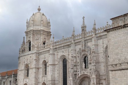Jeronimos Monastery or Hieronymites Monastery in Belem district of Lisbon, Portugal. Gothic manueline style ornate stonework.