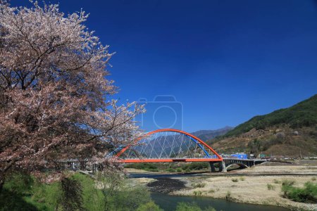 Tied-arch bridge on Seomjingang River (also known as Seomjin River) in Hwagae-myeon in Hadong, South Korea.