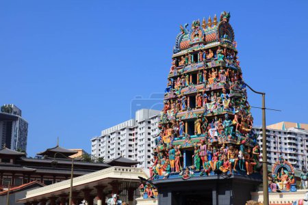 Sri Mariamman Temple in Singapore Chinatown district. The temple was freshly repainted in 2023.