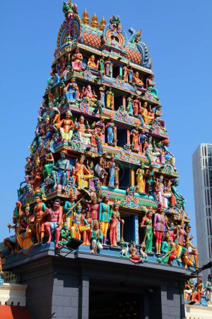 Sri Mariamman Temple in Singapore Chinatown district. The temple was freshly repainted in 2023.