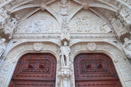 Jeronimos Monastery or Hieronymites Monastery in Belem district of Lisbon, Portugal. Gothic manueline style ornate stonework.