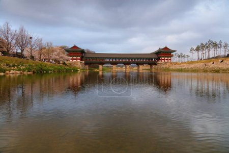 Woljeong-Brücke (Woljeonggyo), überdachte Brücke neben dem traditionellen Dorf Gyochon in Gyeongju, Südkorea. Kirschblütenfrühling.