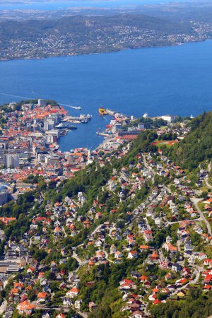 Bergen city, Norway. Summer aerial view of downtown Bergenhus and Bryggen districts.
