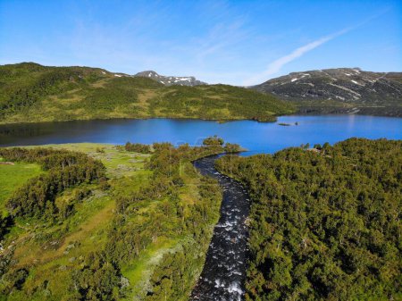 Norwegen Landschaft Drohne Ansicht. Setesdalen Tal bei Hovden. Sessvatnet-See. Norwegische Natur.