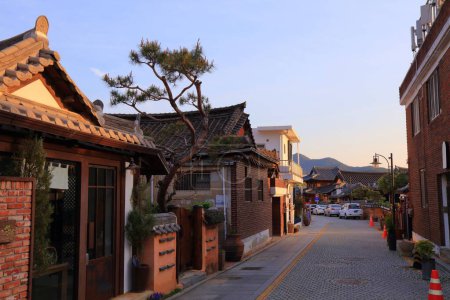 Jeonju Hanok Village quiet street in South Korea. Neighborhood of traditional Korean wooden architecture.